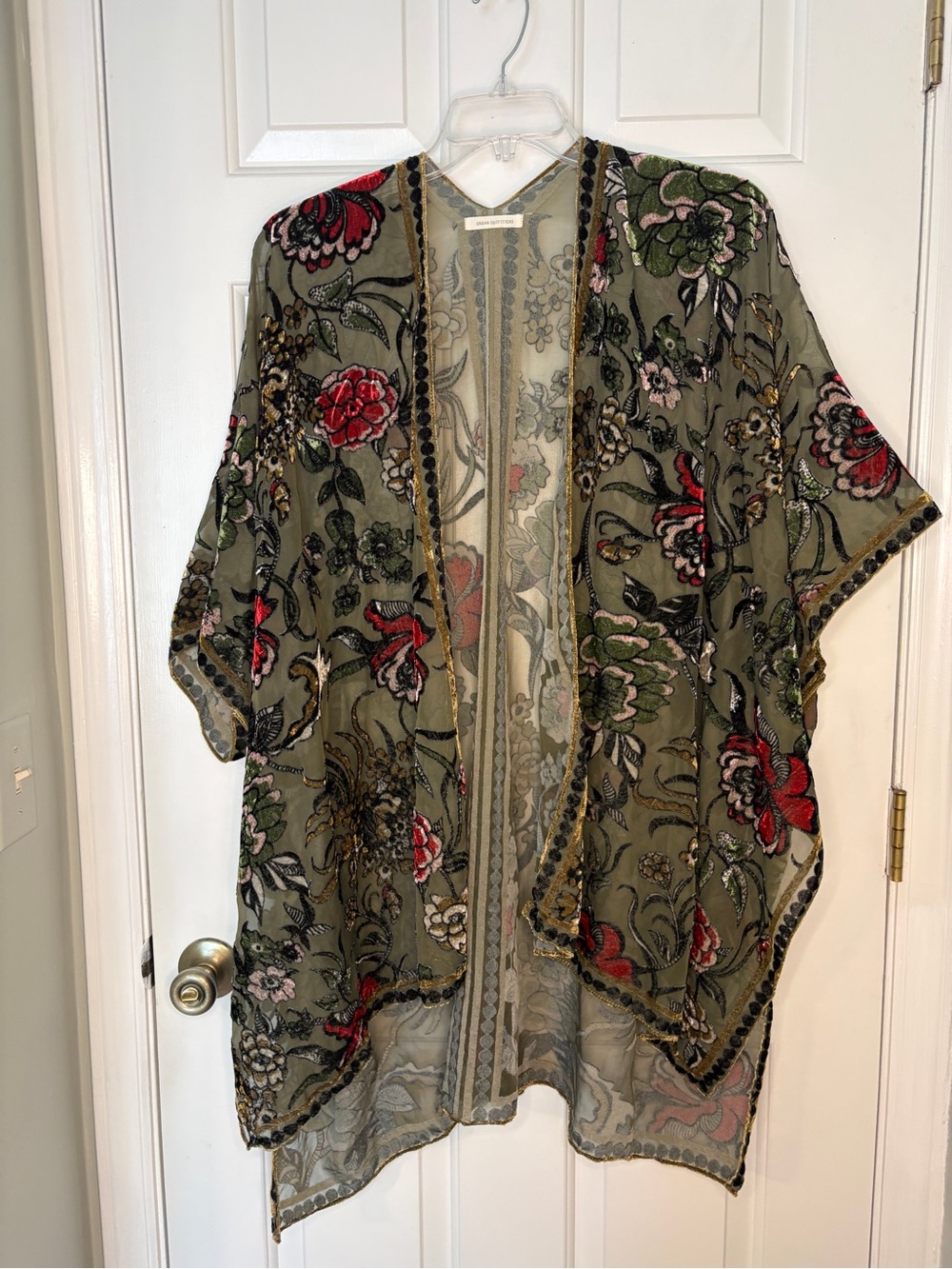 Urban Outfitters Olive Floral Embroidered Kimono